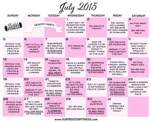 Free fitness challenge calendar july 2015
