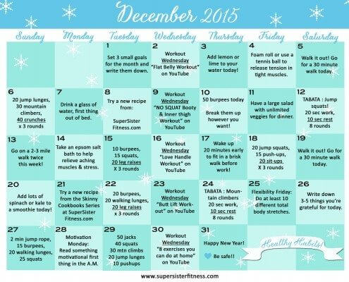 December 2015 Fitness Challenge Calendar - Healthy Habits by Super Sister Fitness
