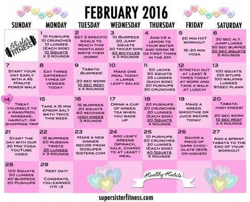 free fitness challenge calendar February-2016